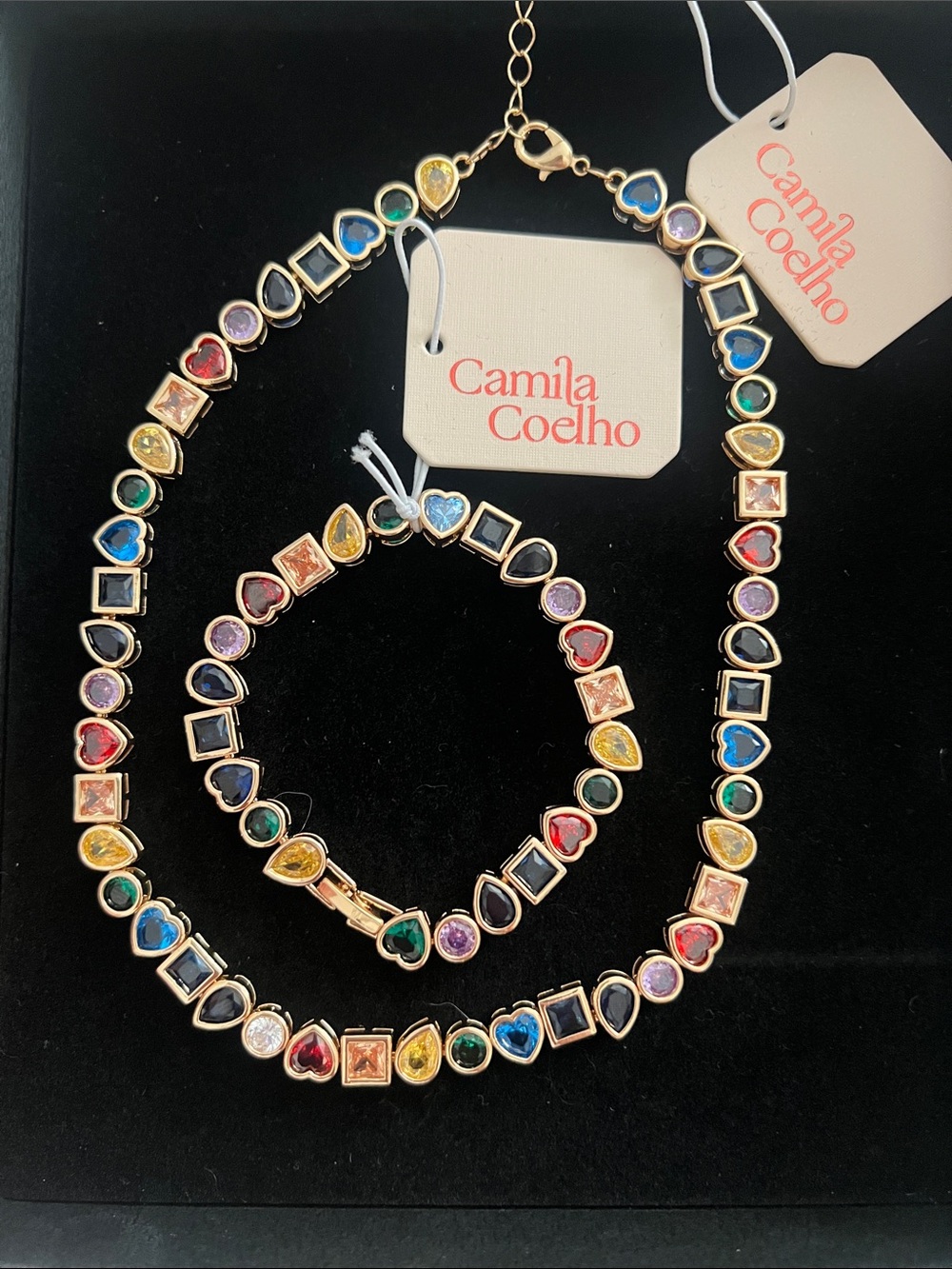 NWT Camila Coelho Gold-Plated Multicolor Gemstone Necklace & Bracelet Set 💜🩷💙